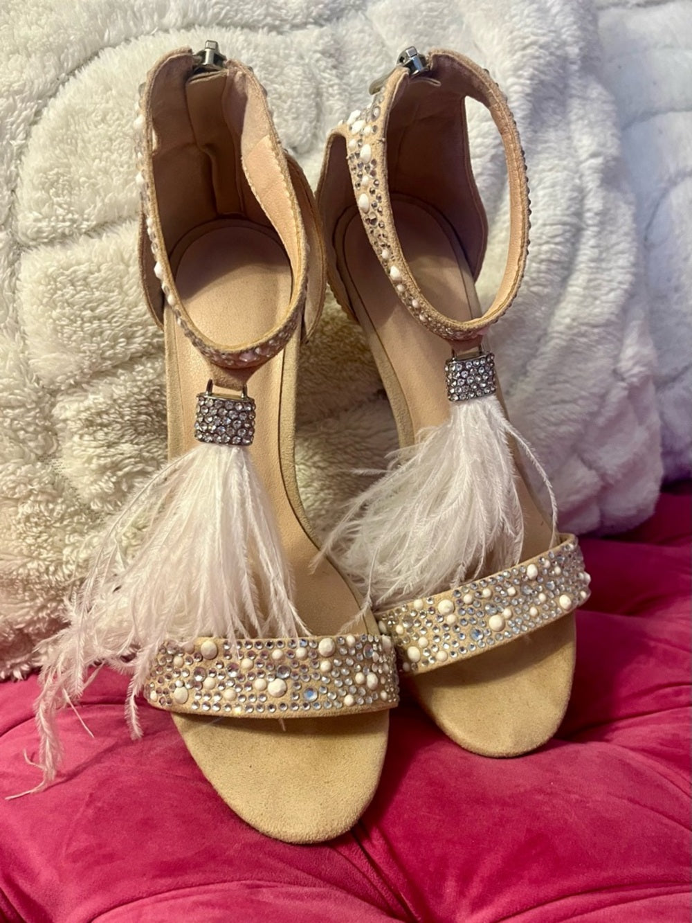 Embellished Crystal and Pearl Feather Tassle Ankle-Strap Heels in Blush/Nude — shoe toe shape and embellishment