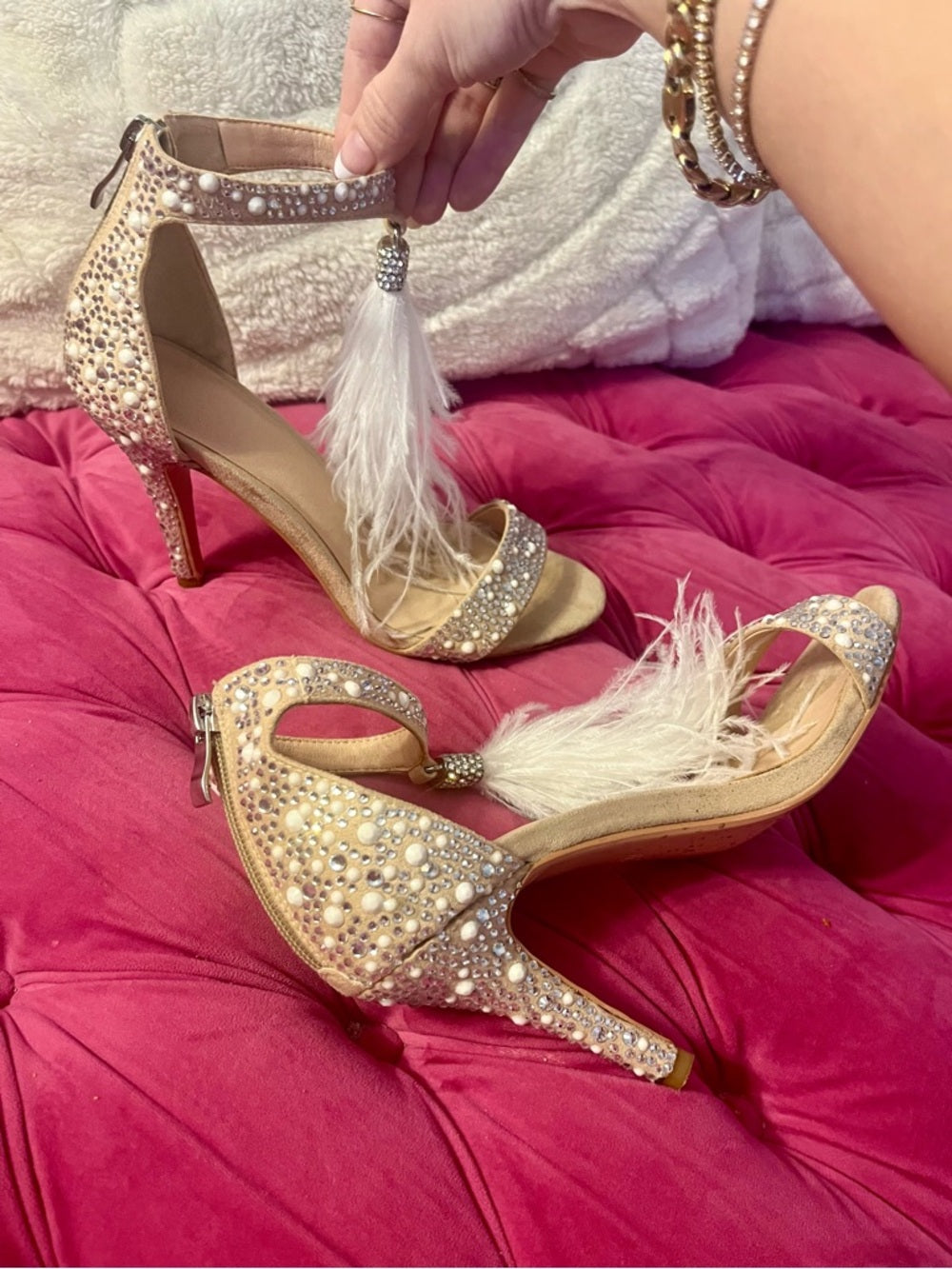 Embellished Crystal and Pearl Feather Tassle Ankle-Strap Heels in Blush/Nude — designer insole branding and footbed