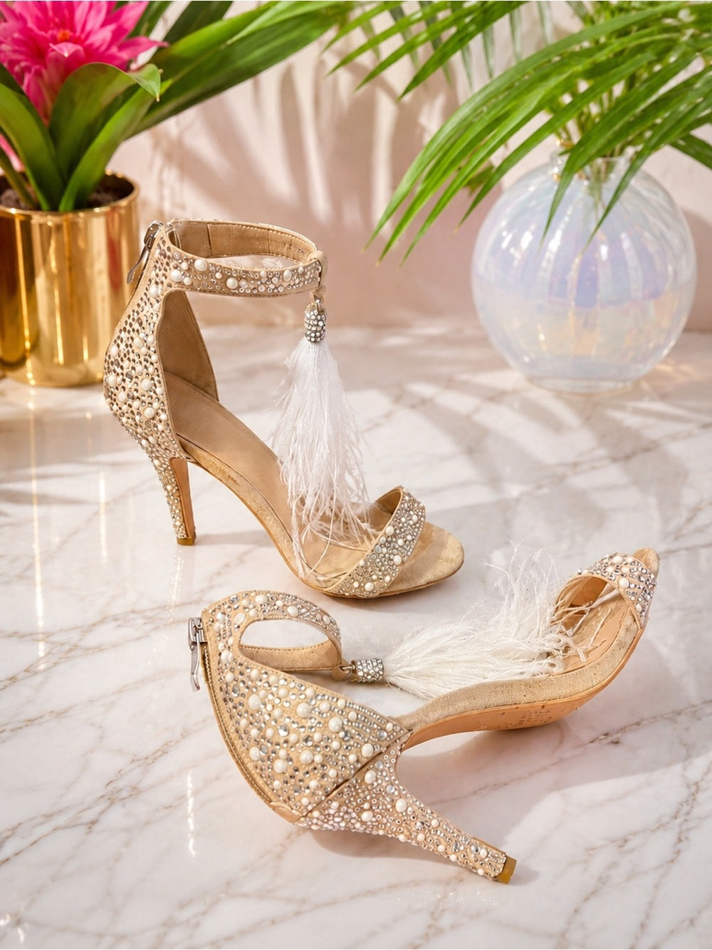 Embellished Crystal and Pearl Feather Tassle Ankle-Strap Heels in Blush/Nude — designer shoe silhouette and heel shape