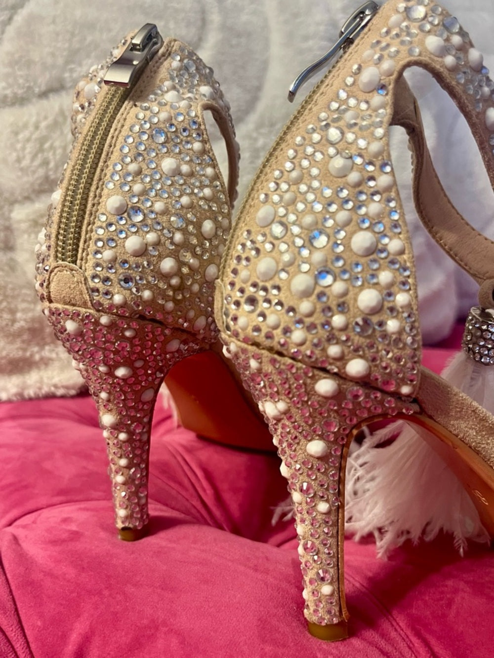 Embellished Crystal and Pearl Feather Tassle Ankle-Strap Heels in Blush/Nude — embellished shoe crystal detail