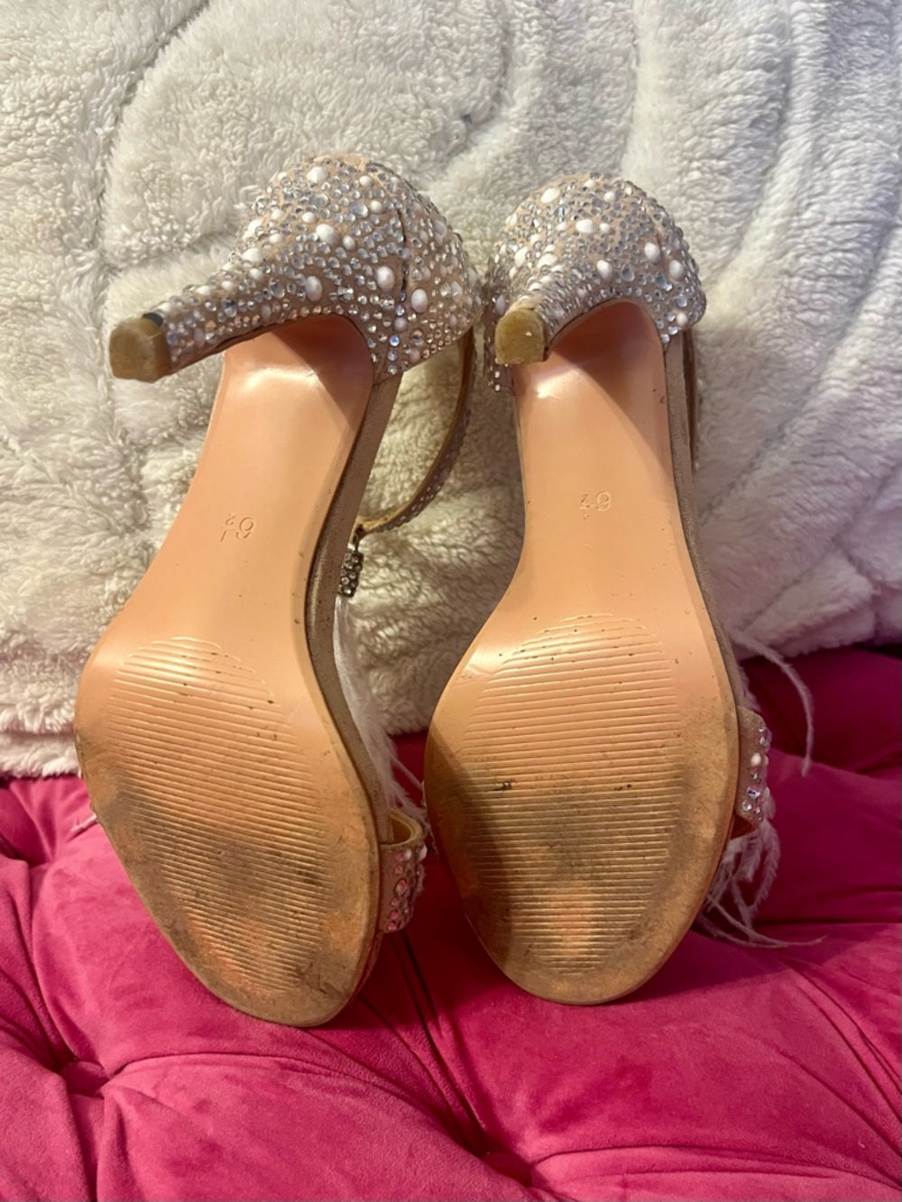 Embellished Crystal and Pearl Feather Tassle Ankle-Strap Heels in Blush/Nude — ankle strap buckle and fastening