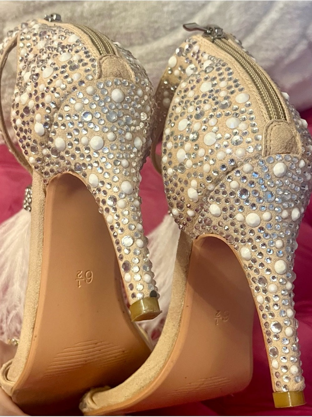 Embellished Crystal and Pearl Feather Tassle Ankle-Strap Heels in Blush/Nude — statement heel profile and arch