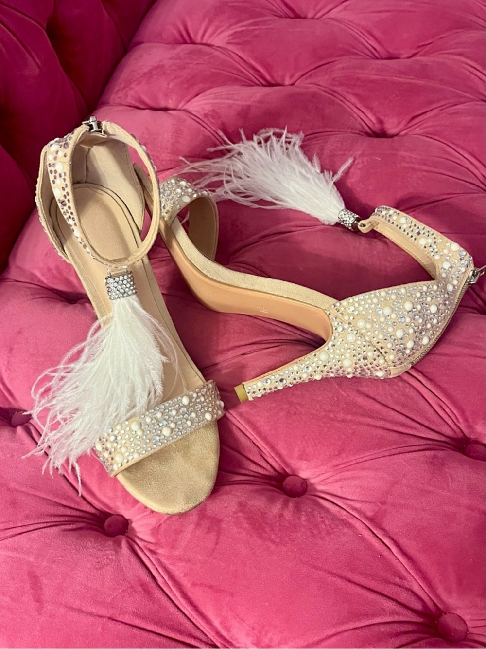 Embellished Crystal and Pearl Feather Tassle Ankle-Strap Heels in Blush/Nude — luxury footwear upper material and texture