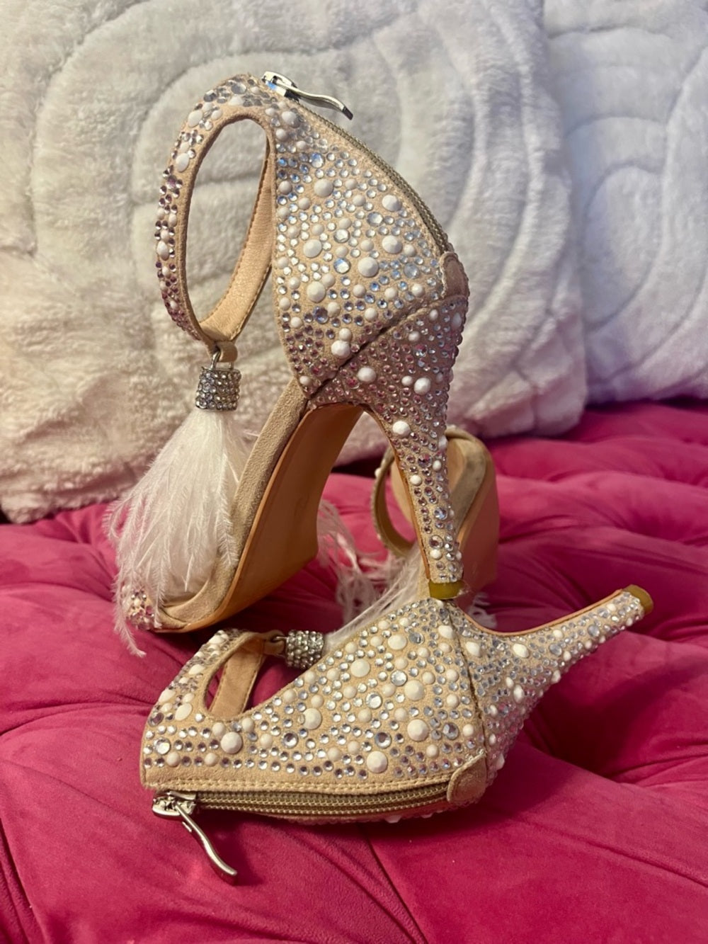 Embellished Crystal and Pearl Feather Tassle Ankle-Strap Heels in Blush/Nude — outsole wear and sole construction