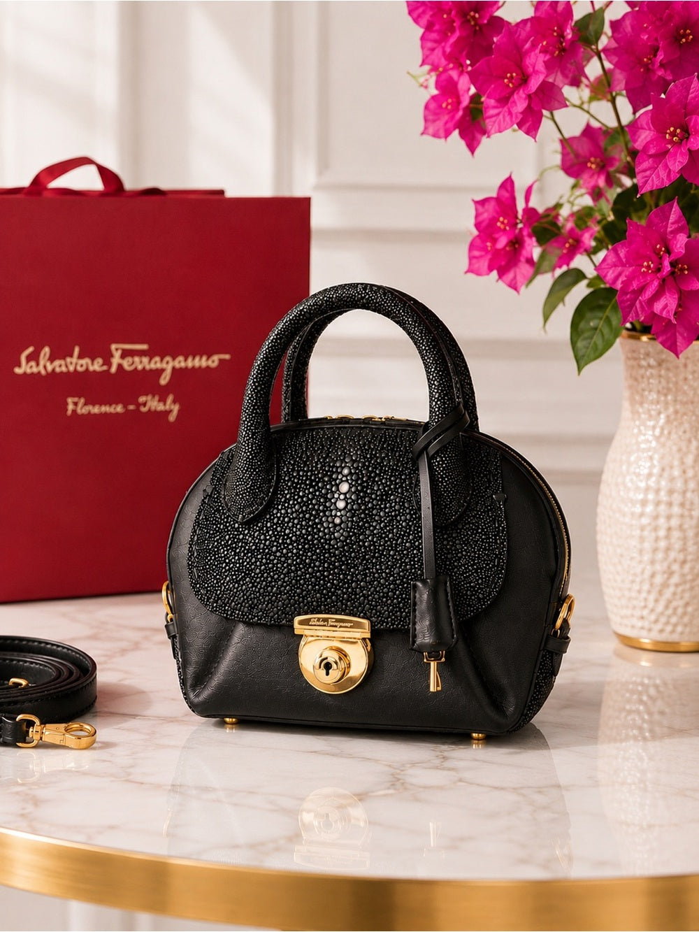 Ferragamo Fiamma Mini Stingray Satchel Black Galuchat Leather Top Handle — designer exotic leather handbag silhouette