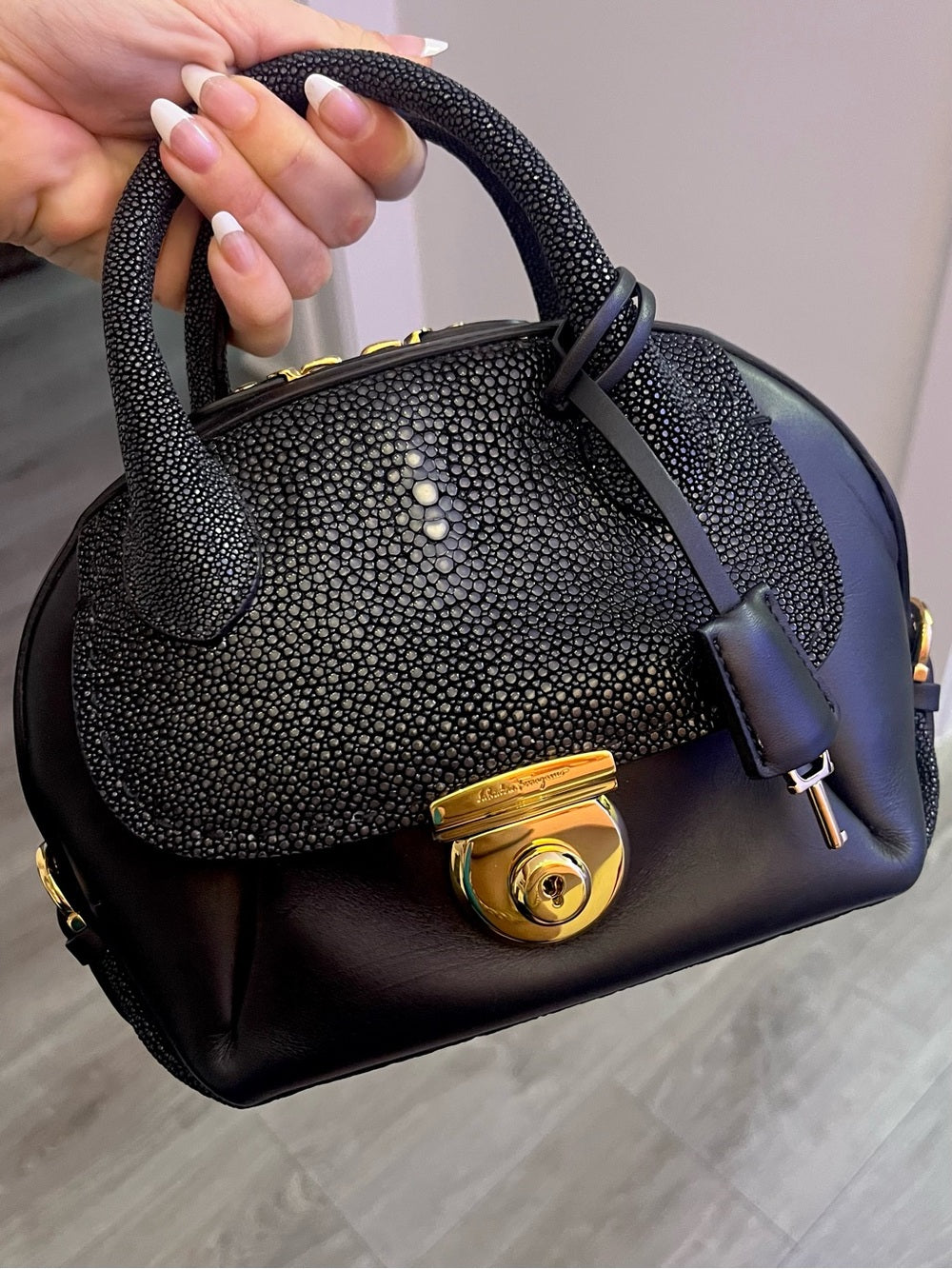 Ferragamo Fiamma Mini Stingray Satchel Black Galuchat Leather Top Handle — designer logo branding and craftsmanship