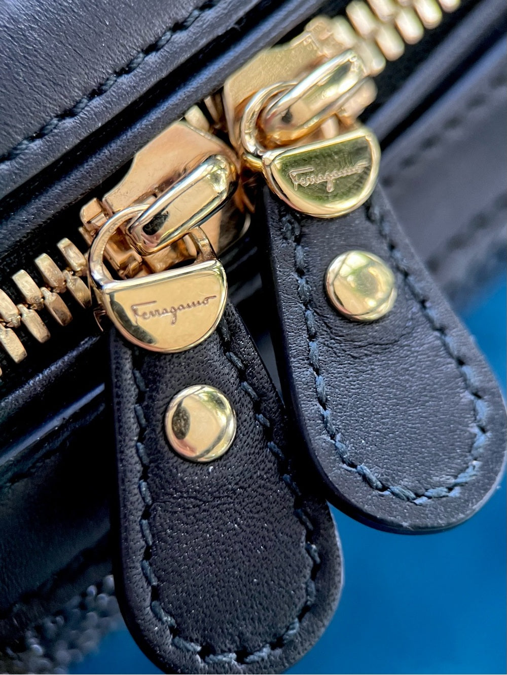 Ferragamo Fiamma Mini Stingray Satchel Black Galuchat Leather Top Handle — corner piping and leather edge detail