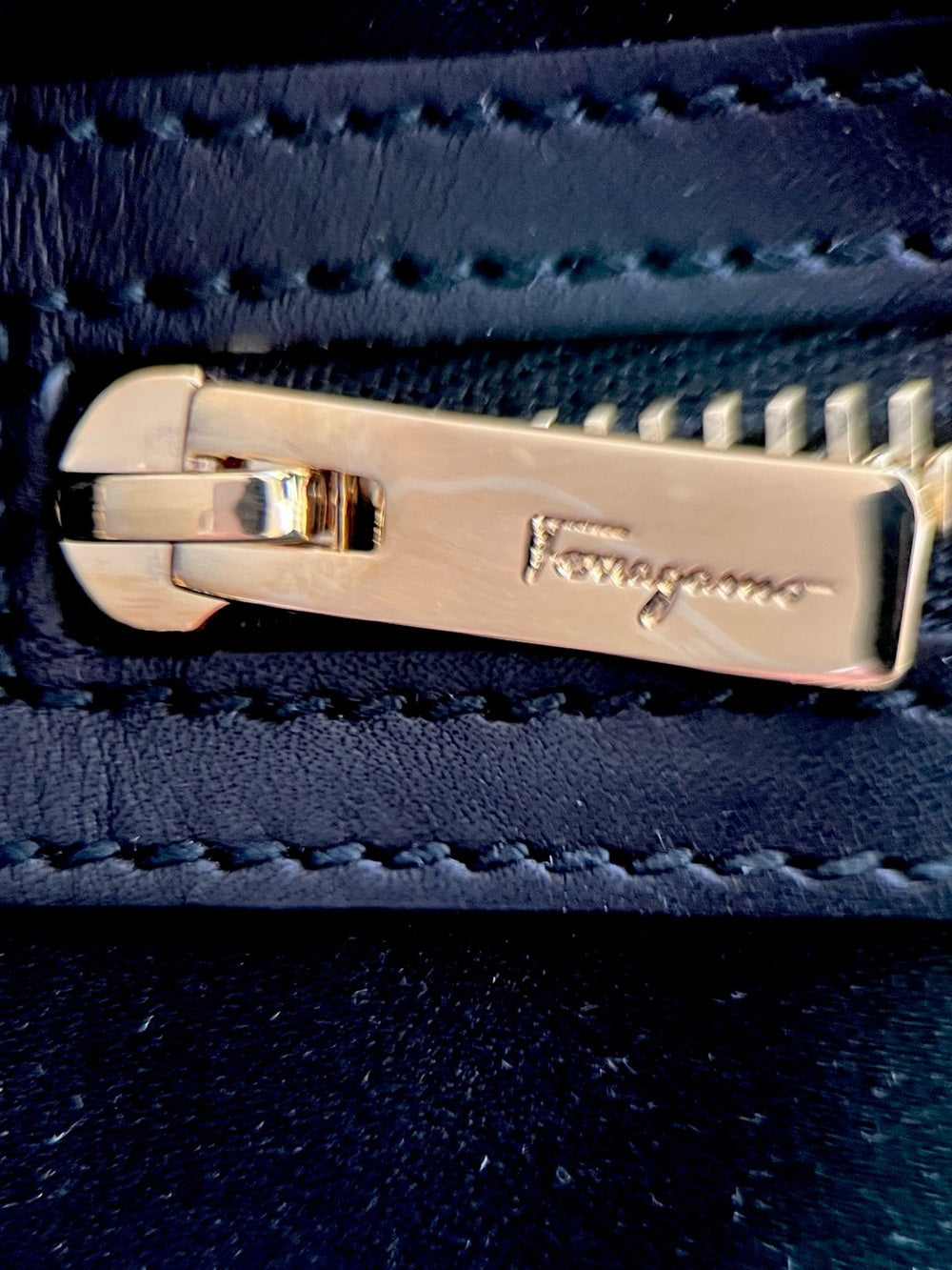 Ferragamo Fiamma Mini Stingray Satchel Black Galuchat Leather Top Handle — interior pocket and designer label