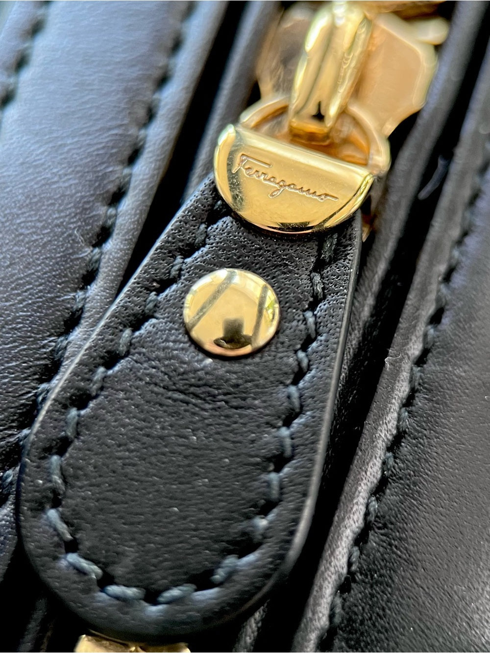 Ferragamo Fiamma Mini Stingray Satchel Black Galuchat Leather Top Handle — removable strap and gold tone hardware