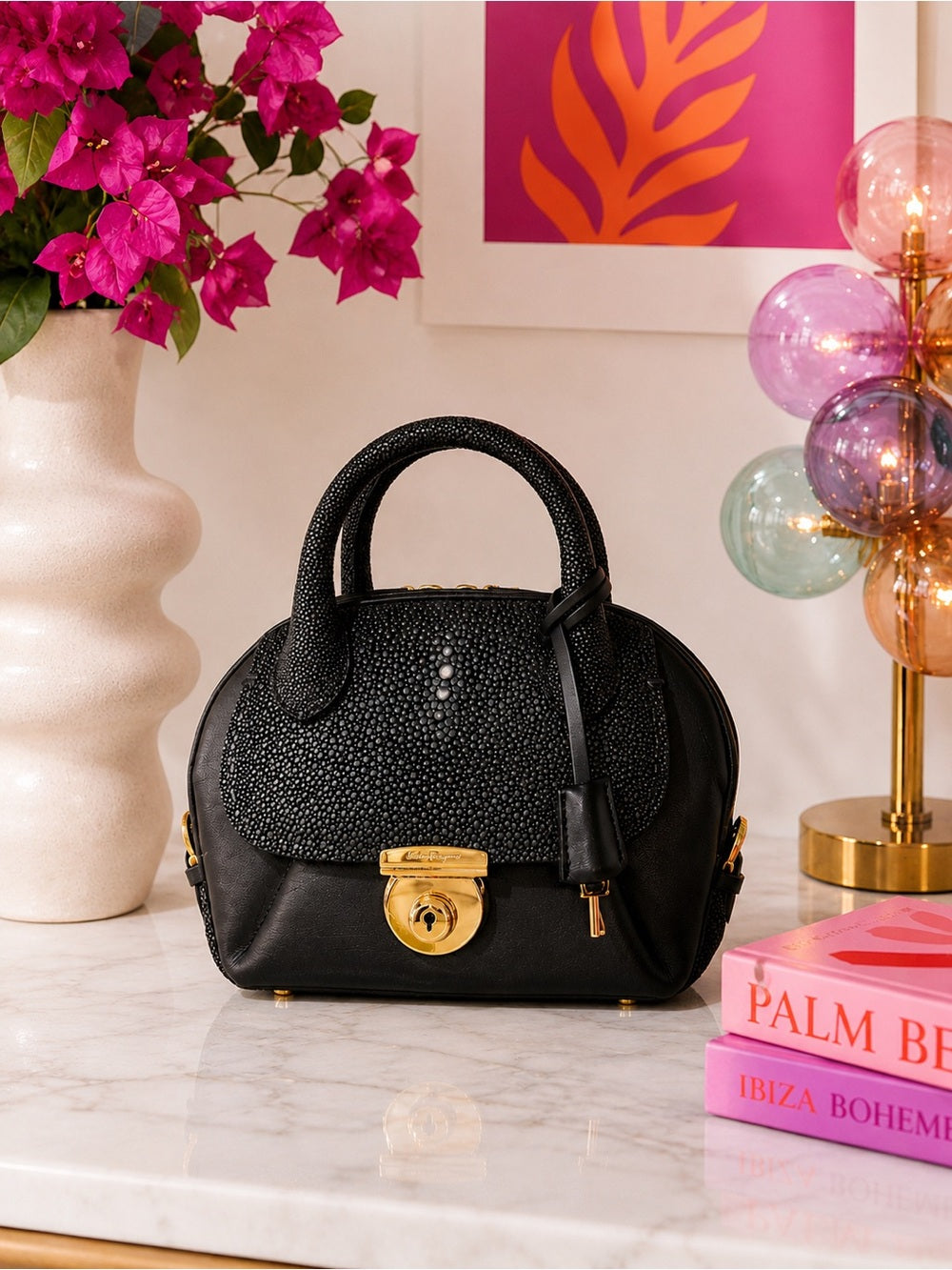 Ferragamo Fiamma Mini Stingray Satchel Black Galuchat Leather Top Handle — signature designer hardware and metalwork