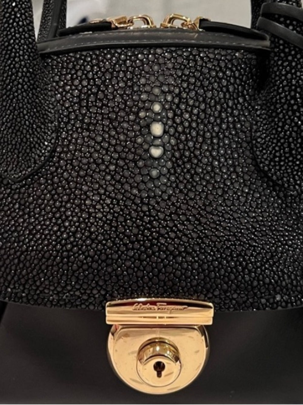 Ferragamo Fiamma Mini Stingray Satchel Black Galuchat Leather Top Handle — bag closure fastening and edge finish