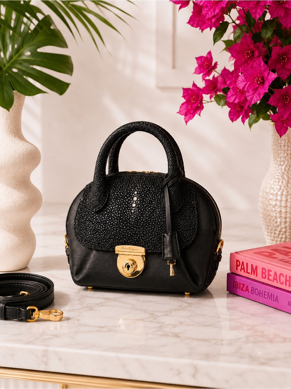 Ferragamo Fiamma Mini Stingray Satchel Black Galuchat Leather Top Handle — designer exotic leather handbag silhouette
