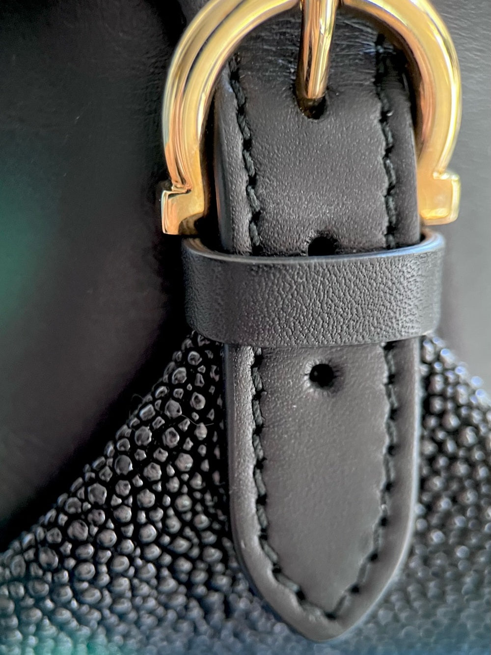 Ferragamo Fiamma Mini Stingray Satchel Black Galuchat Leather Top Handle — exotic skin pattern and color variation