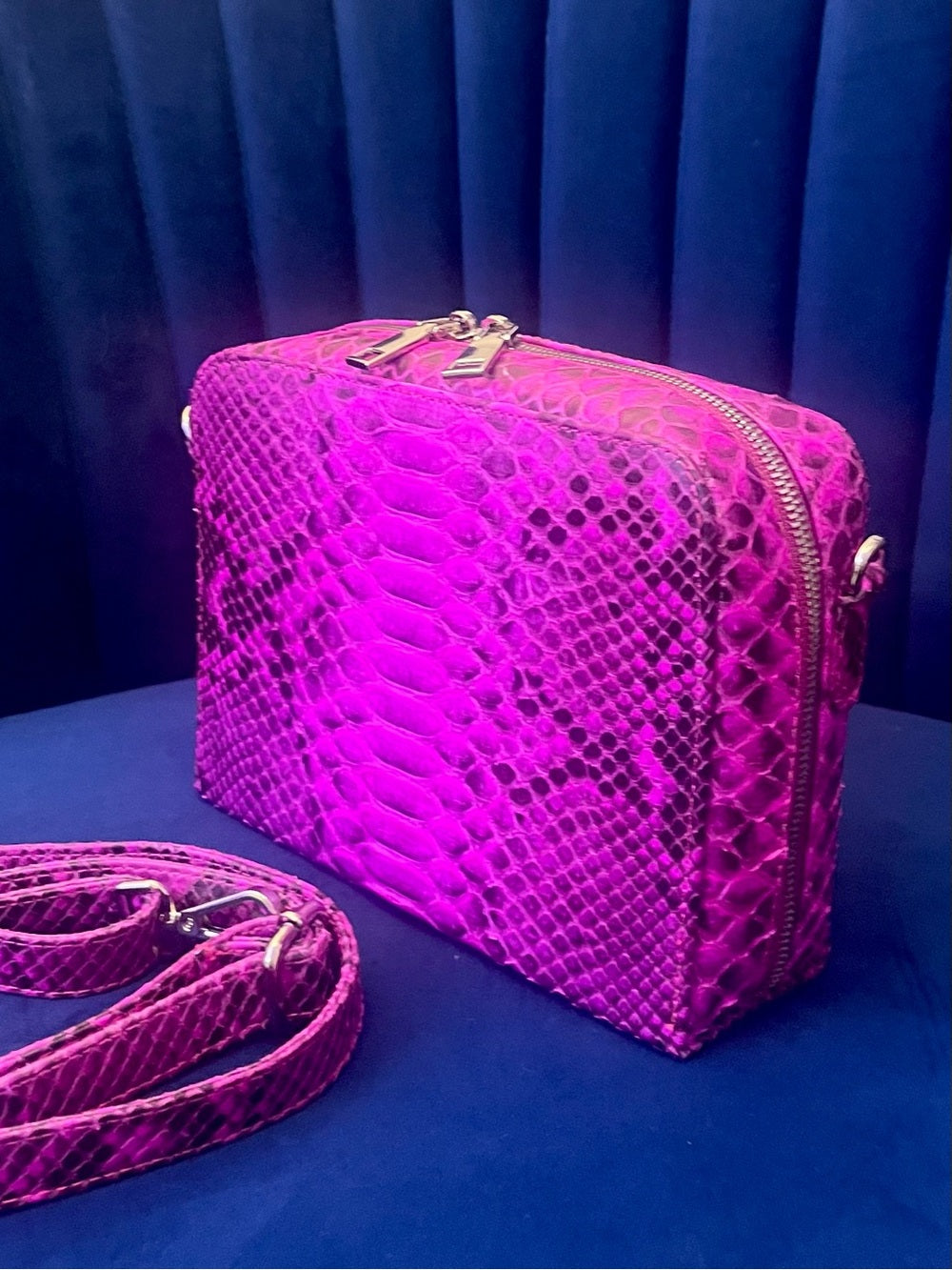 Fuchsia Genuine Python Crossbody – Real Snakeskin Shoulder Bag w Silver Hardware — top handle and shoulder strap attachment