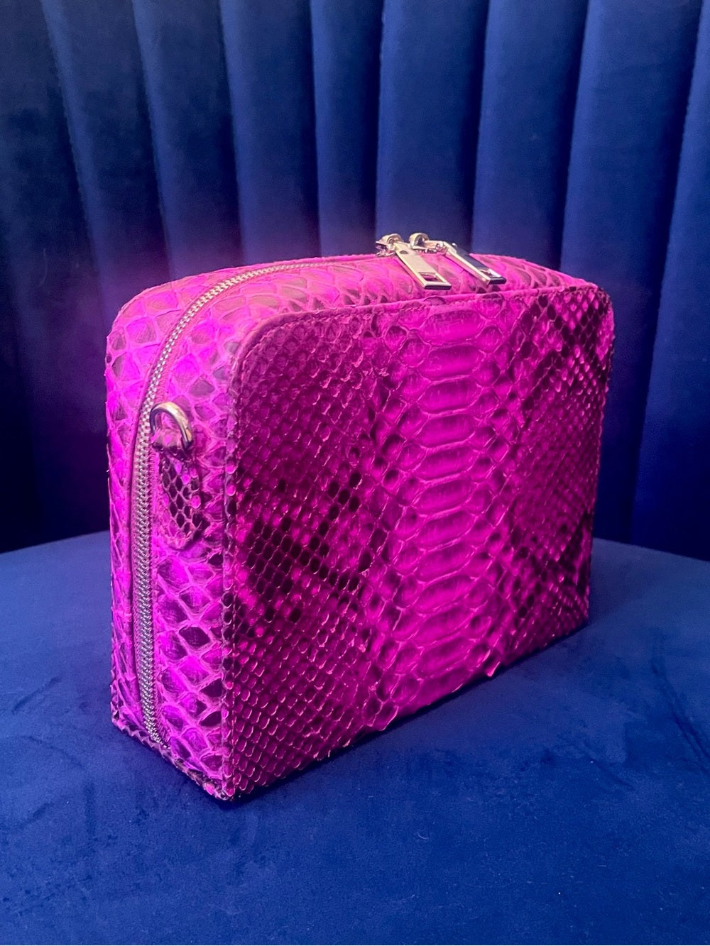Fuchsia Genuine Python Crossbody – Real Snakeskin Shoulder Bag w Silver Hardware — bag closure fastening and edge finish
