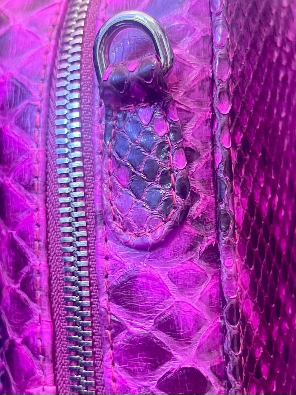Fuchsia Genuine Python Crossbody – Real Snakeskin Shoulder Bag w Silver Hardware — collectible designer bag material closeup