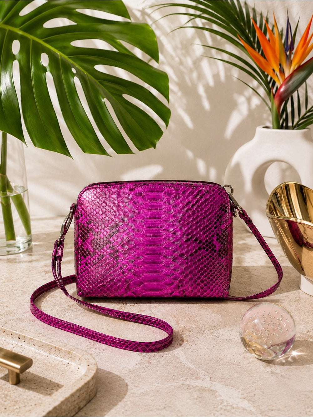 Fuchsia Genuine Python Crossbody – Real Snakeskin Shoulder Bag w Silver Hardware — designer exotic leather handbag silhouette