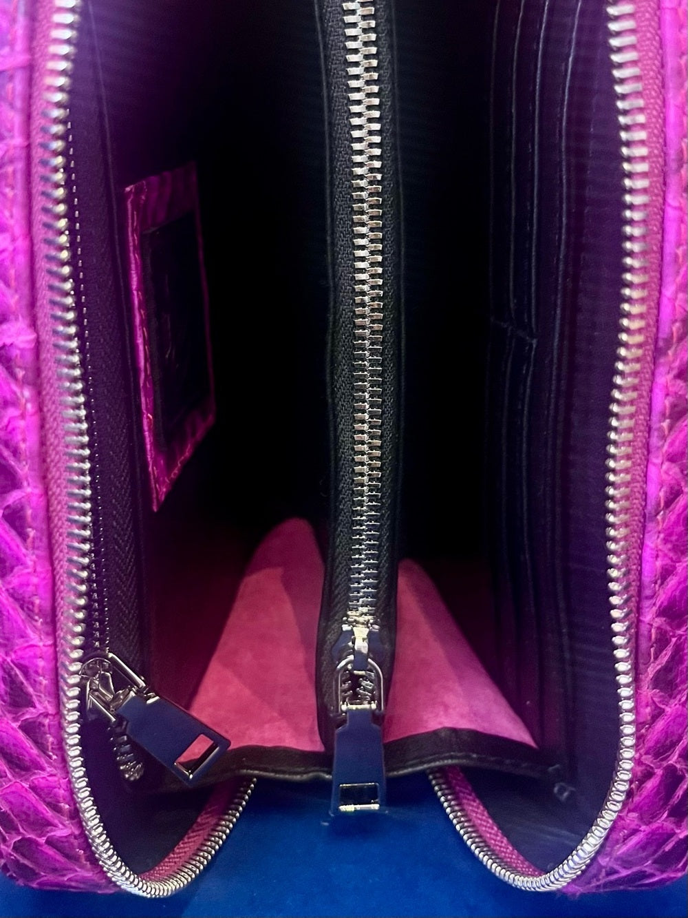 Fuchsia Genuine Python Crossbody – Real Snakeskin Shoulder Bag w Silver Hardware — removable strap and gold tone hardware