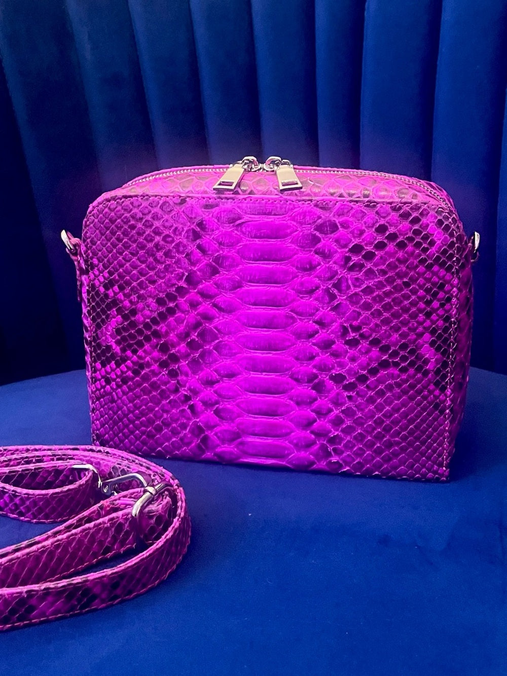 Fuchsia Genuine Python Crossbody – Real Snakeskin Shoulder Bag w Silver Hardware — signature designer hardware and metalwork