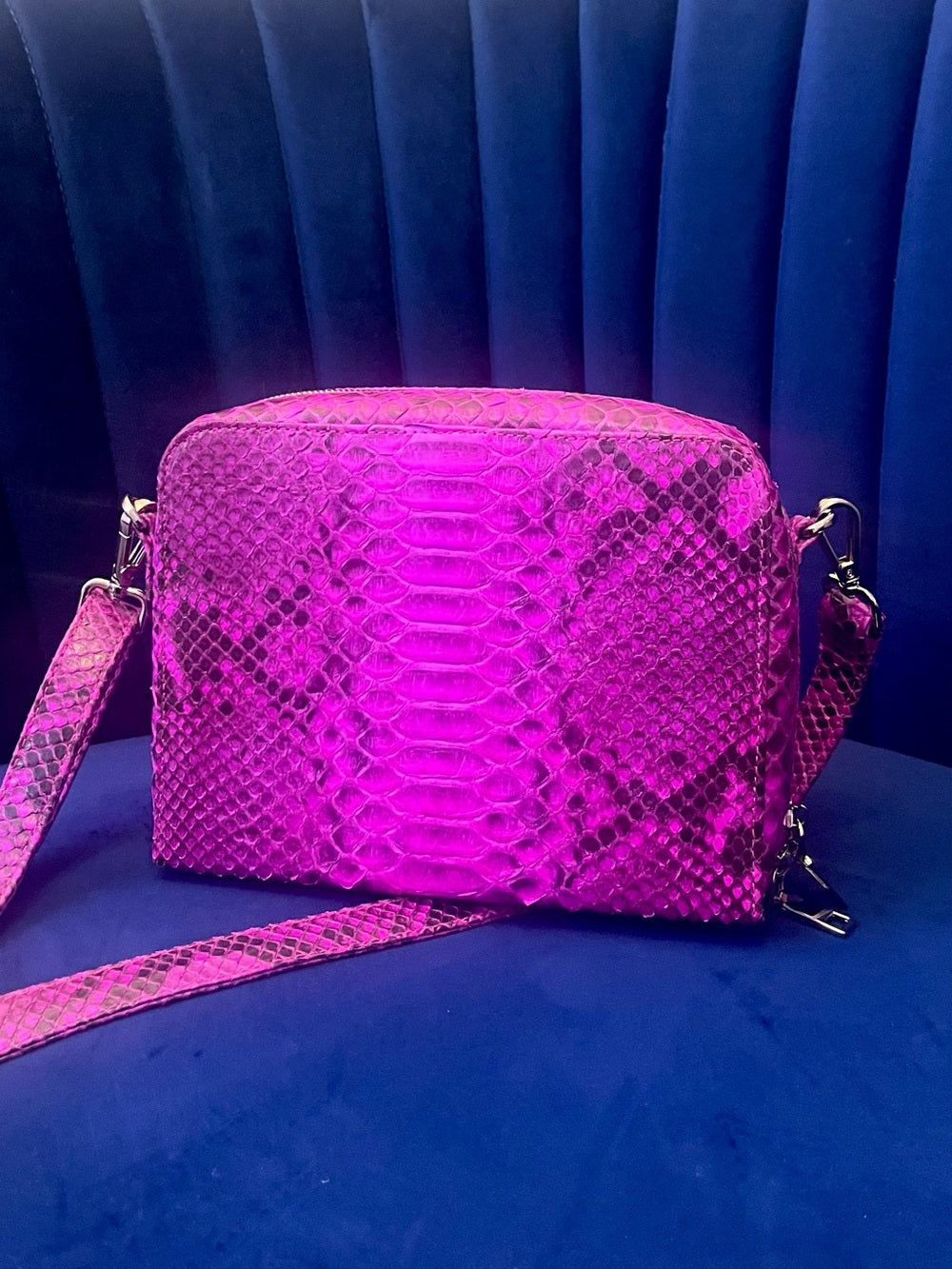 Fuchsia Genuine Python Crossbody – Real Snakeskin Shoulder Bag w Silver Hardware — designer exotic leather handbag silhouette (additional view 2)