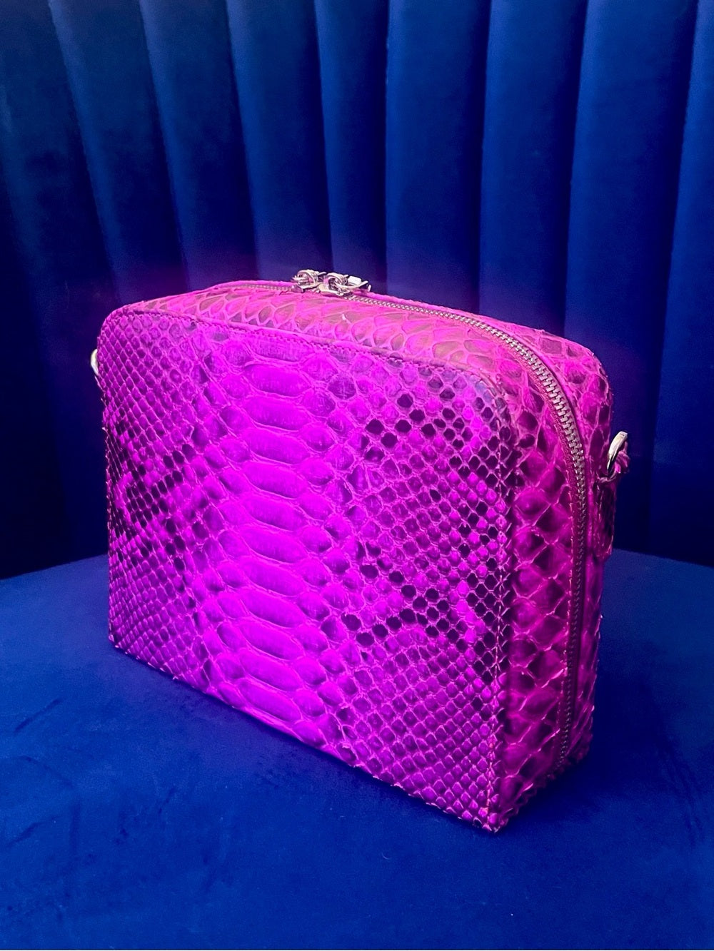 Fuchsia Genuine Python Crossbody – Real Snakeskin Shoulder Bag w Silver Hardware — designer logo branding and craftsmanship