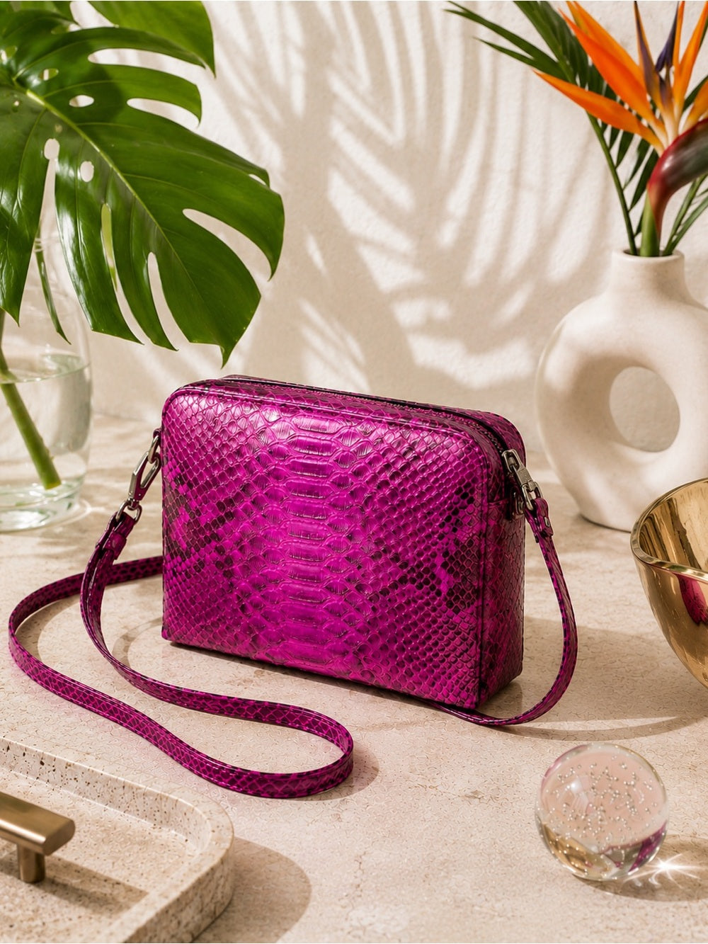 Fuchsia Genuine Python Crossbody – Real Snakeskin Shoulder Bag w Silver Hardware — luxury leather bag back panel construction