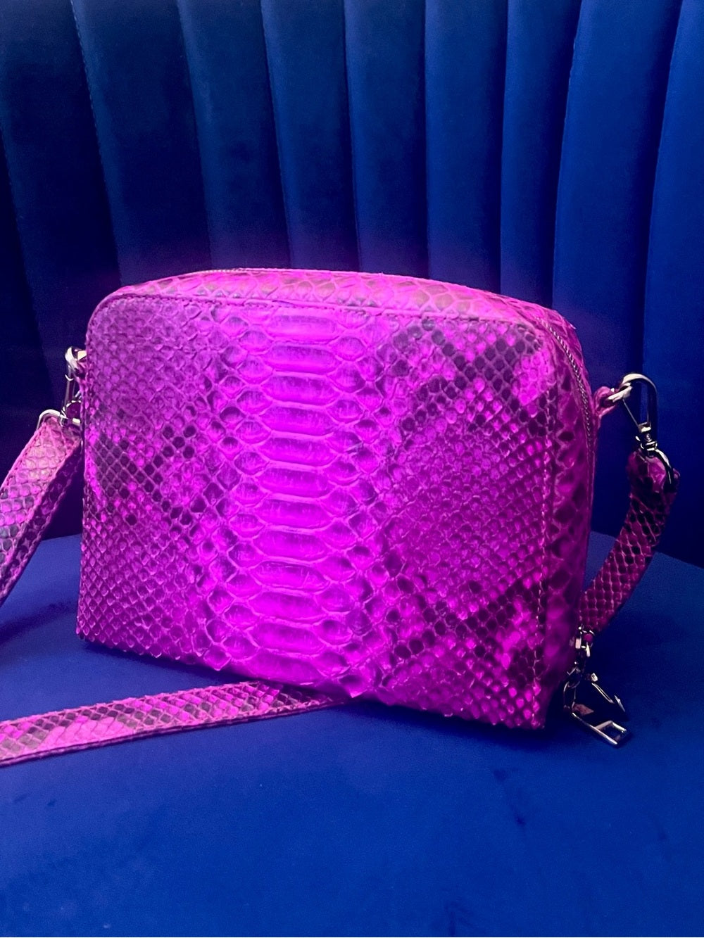 Fuchsia Genuine Python Crossbody – Real Snakeskin Shoulder Bag w Silver Hardware — natural leather grain and texture closeup