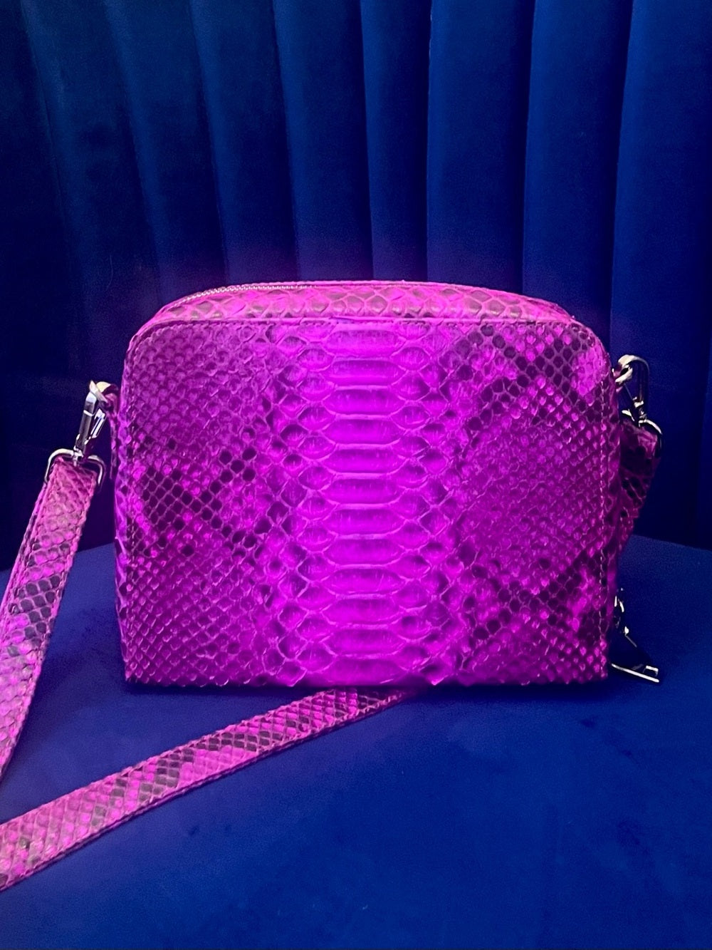Fuchsia Genuine Python Crossbody – Real Snakeskin Shoulder Bag w Silver Hardware — handbag interior lining and storage