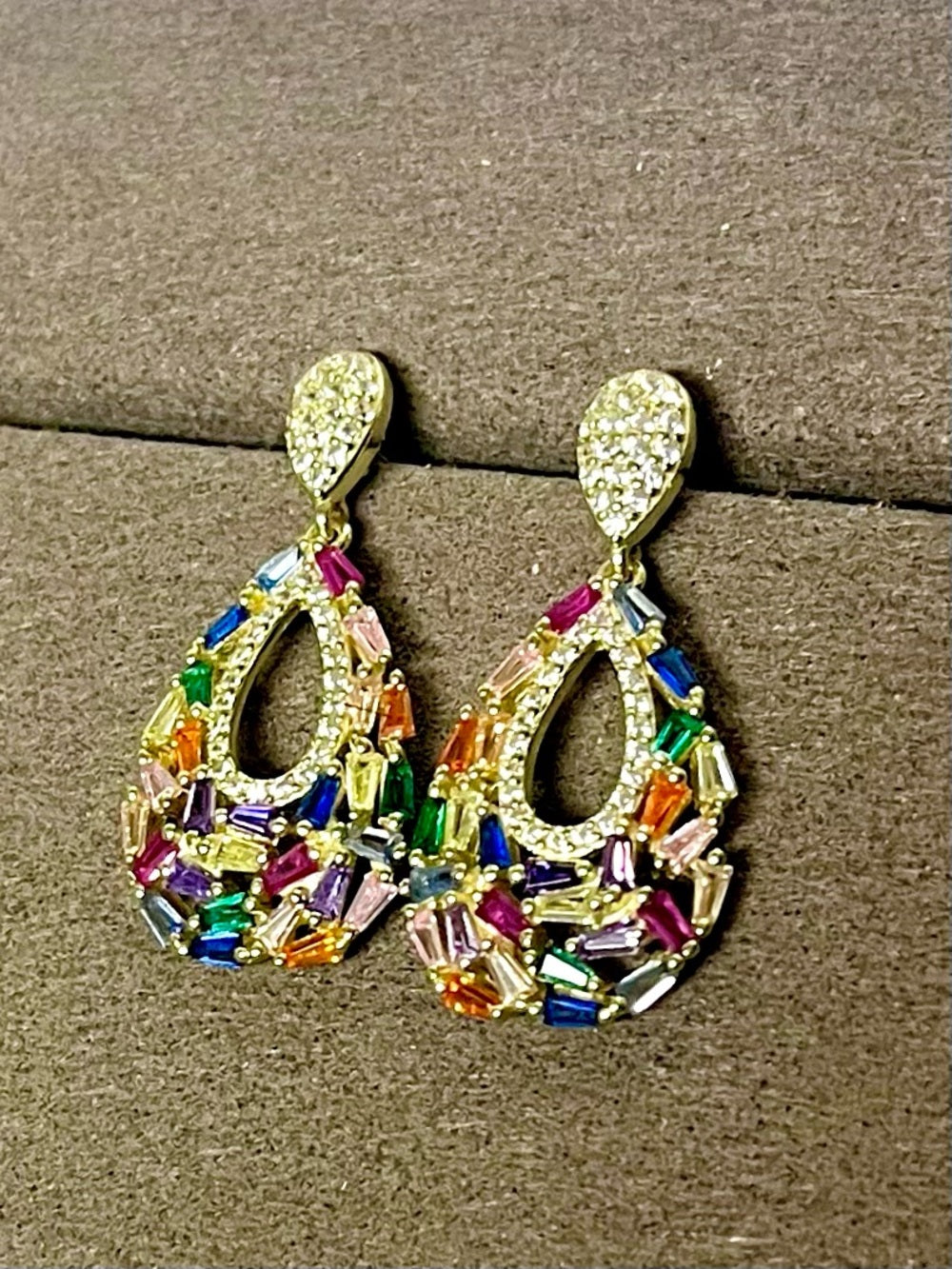 Genevieve 14K Gold Plated Multicolor Crystal Teardrop Earrings – Statement Drops — gemstone cluster and metalwork detail