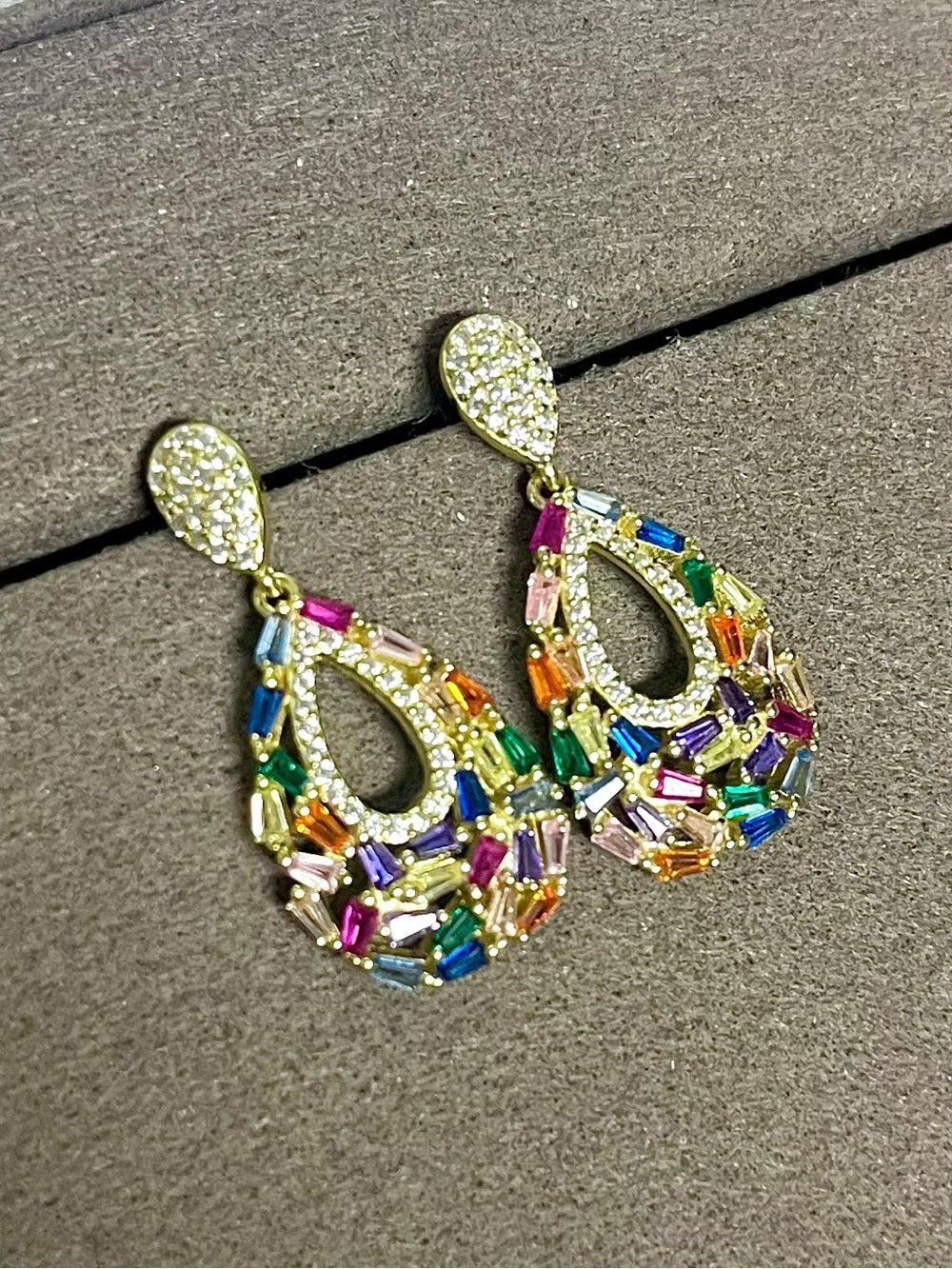 Genevieve 14K Gold Plated Multicolor Crystal Teardrop Earrings – Statement Drops — designer jewelry sparkle closeup