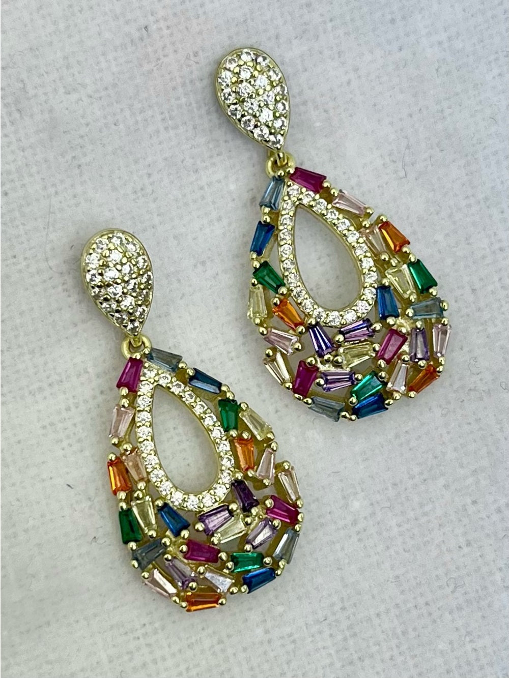 Genevieve 14K Gold Plated Multicolor Crystal Teardrop Earrings – Statement Drops — multicolor crystal arrangement closeup