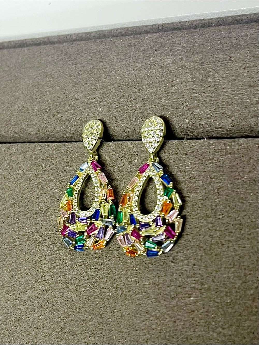 Genevieve 14K Gold Plated Multicolor Crystal Teardrop Earrings – Statement Drops — statement accessory profile and scale