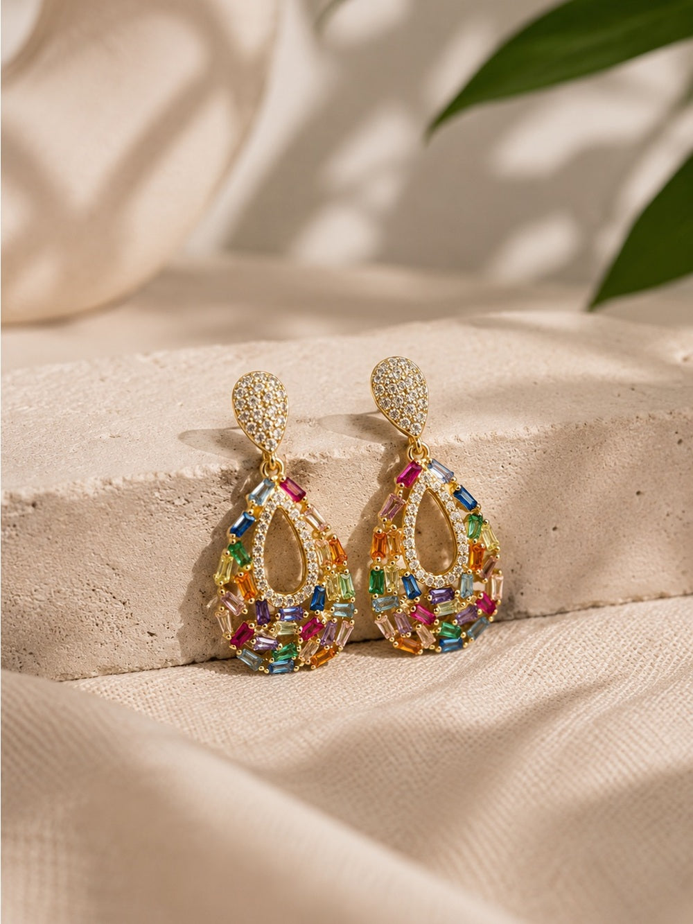 Genevieve 14K Gold Plated Multicolor Crystal Teardrop Earrings – Statement Drops — faceted stones and gold tone setting