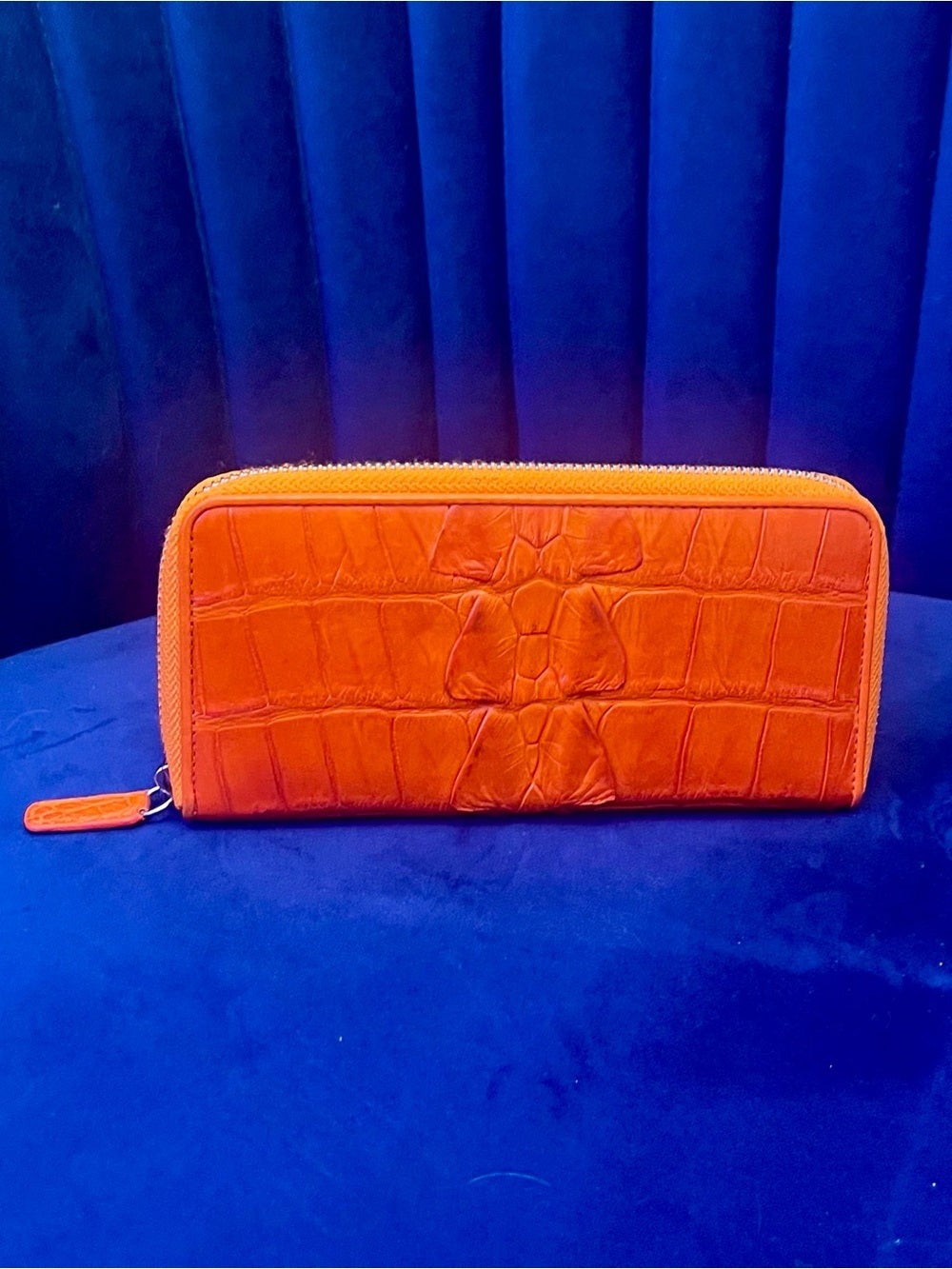 Genuine Crocodile Leather Zip Around Wallet – Vibrant Orange Exotic Long Wallet — signature designer hardware and metalwork