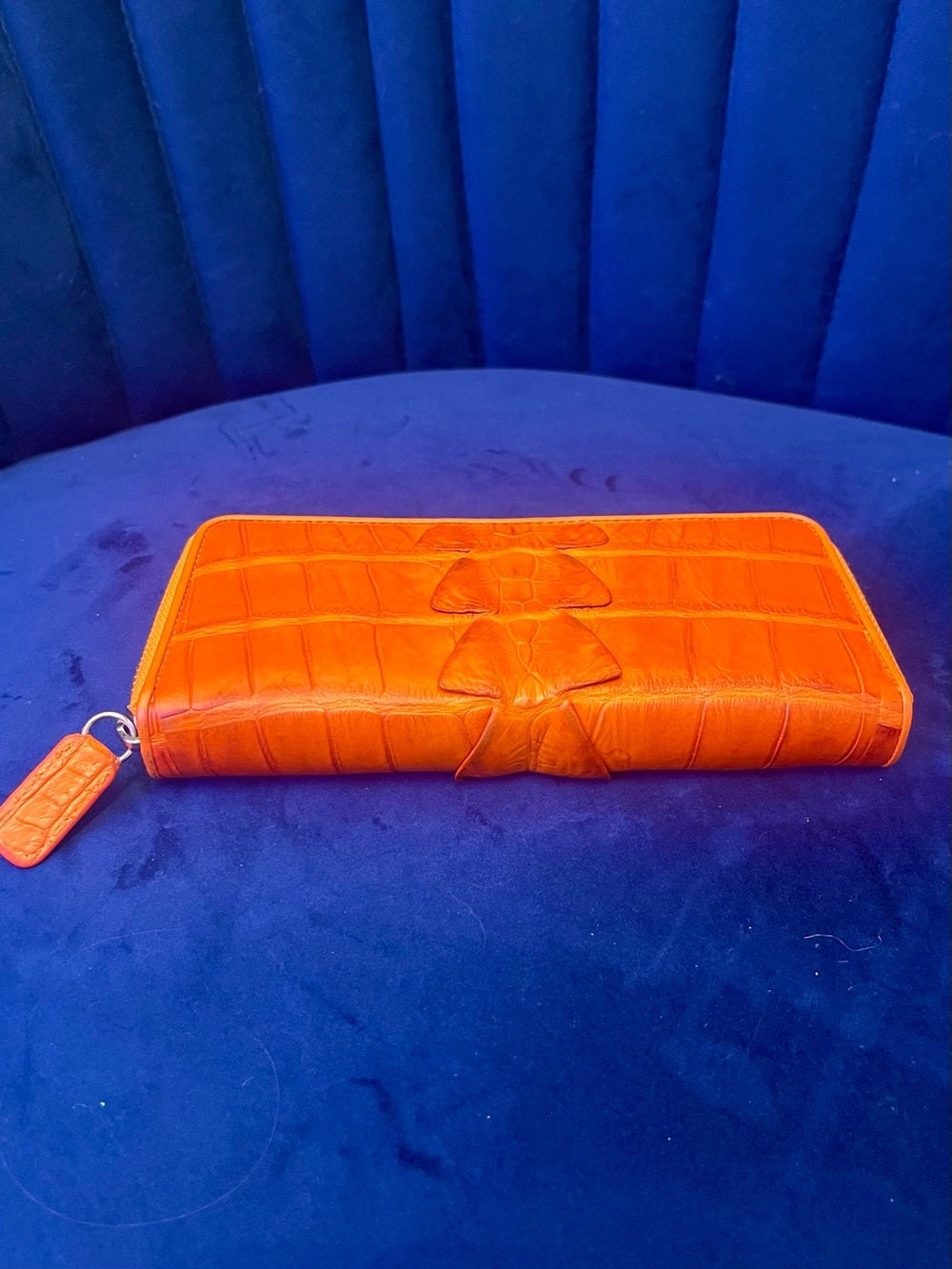 Genuine Crocodile Leather Zip Around Wallet – Vibrant Orange Exotic Long Wallet — corner piping and leather edge detail