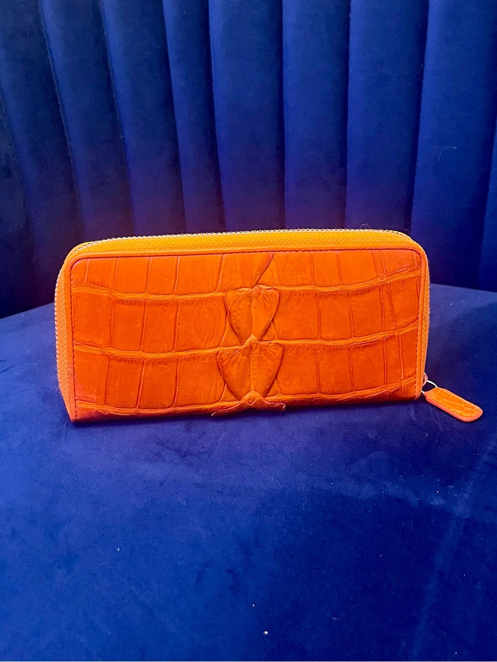 Genuine Crocodile Leather Zip Around Wallet – Vibrant Orange Exotic Long Wallet — structured purse profile and gusset