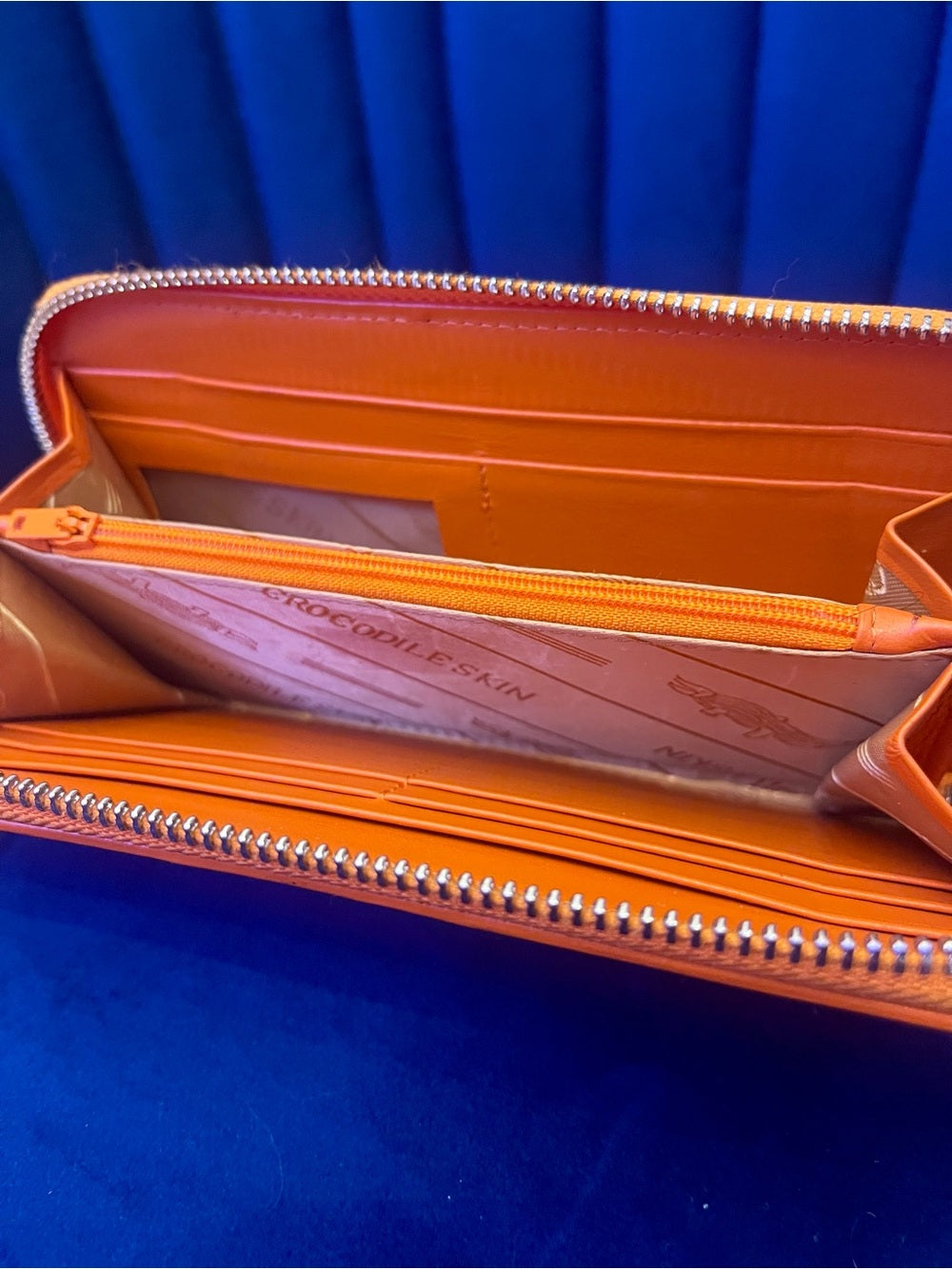 Genuine Crocodile Leather Zip Around Wallet – Vibrant Orange Exotic Long Wallet — top handle and shoulder strap attachment