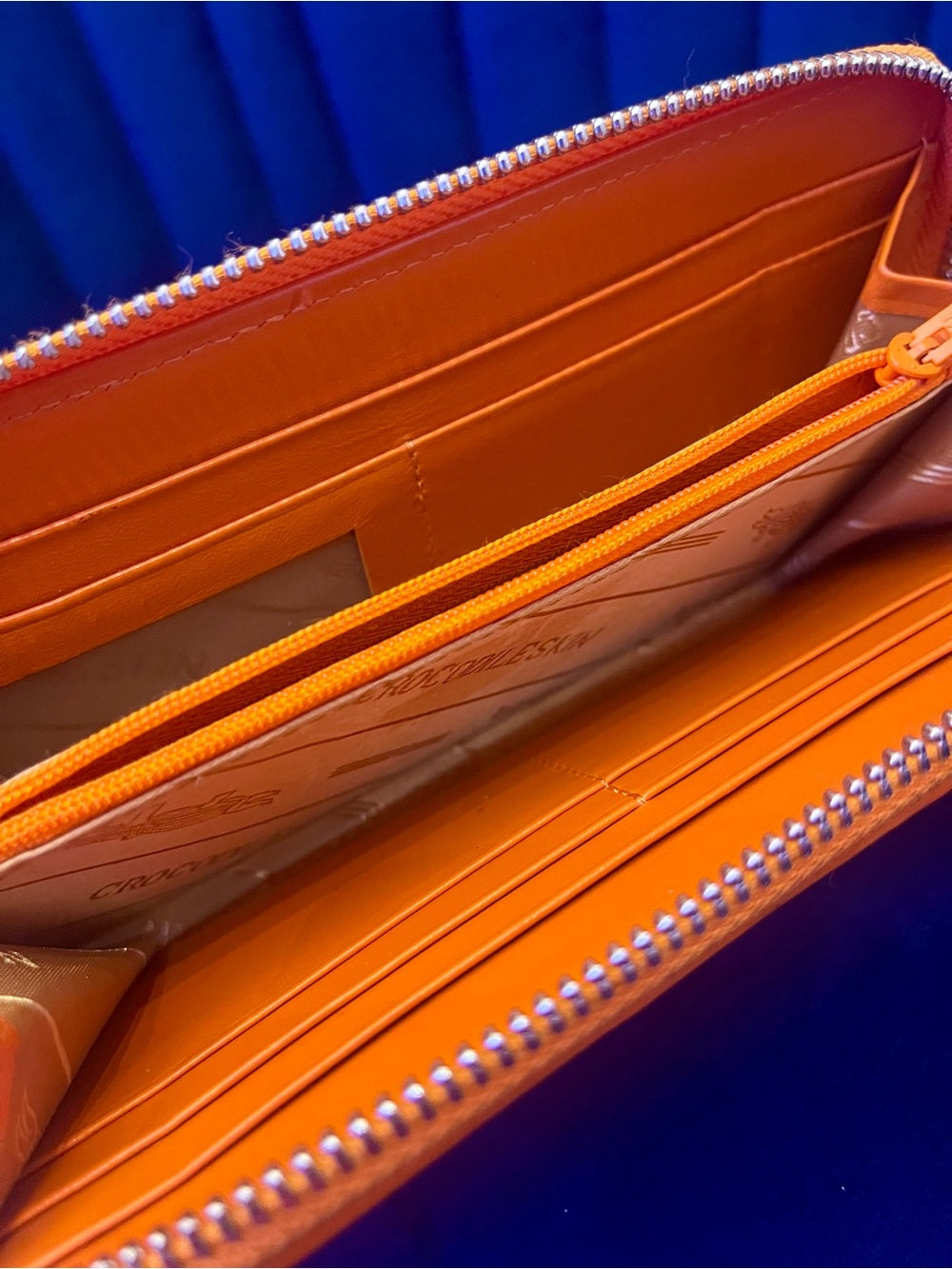Genuine Crocodile Leather Zip Around Wallet – Vibrant Orange Exotic Long Wallet — designer logo branding and craftsmanship