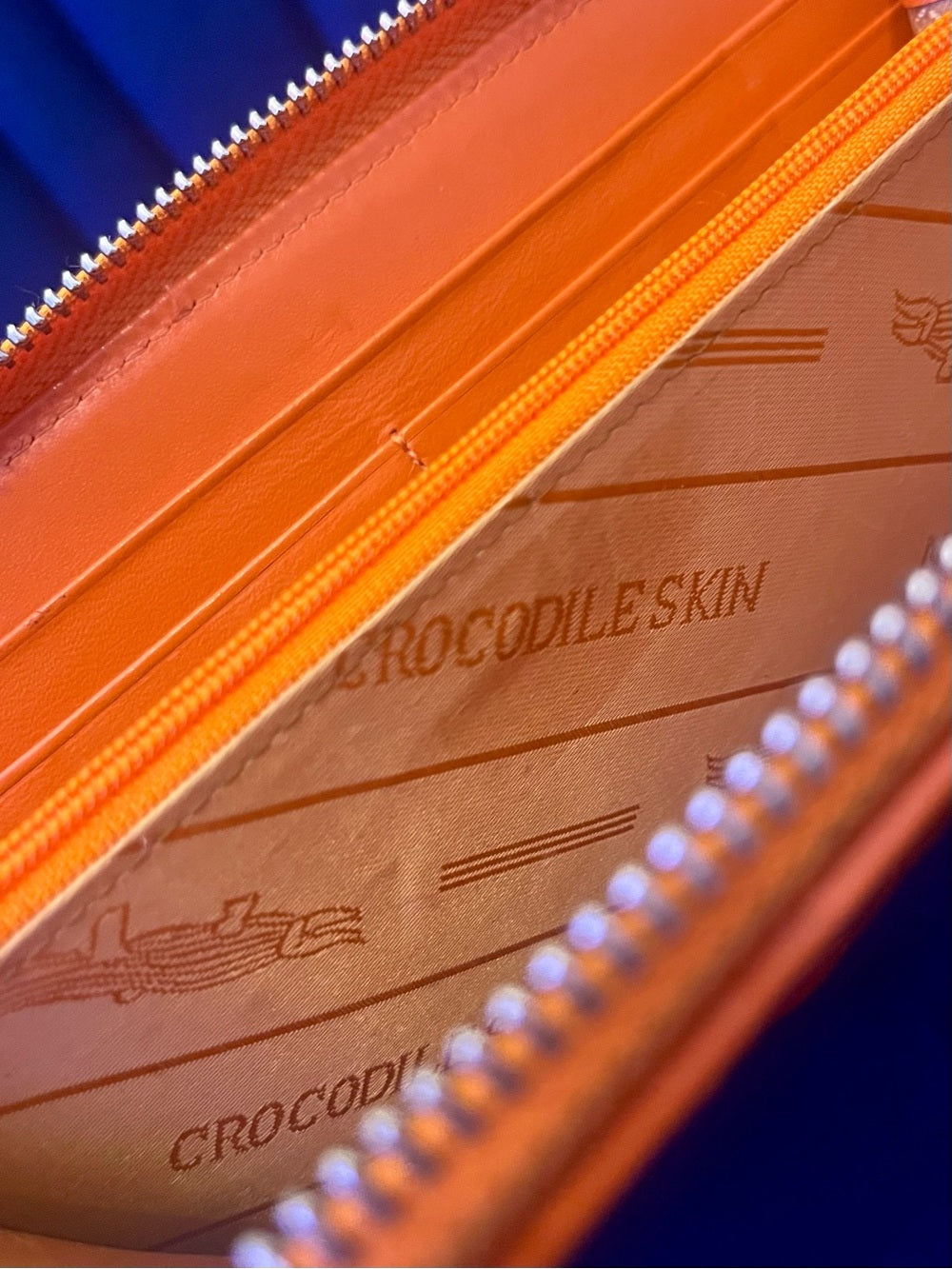 Genuine Crocodile Leather Zip Around Wallet – Vibrant Orange Exotic Long Wallet — bag closure fastening and edge finish