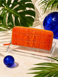 Genuine Crocodile Leather Zip Around Wallet – Vibrant Orange Exotic Long Wallet — designer exotic leather handbag silhouette