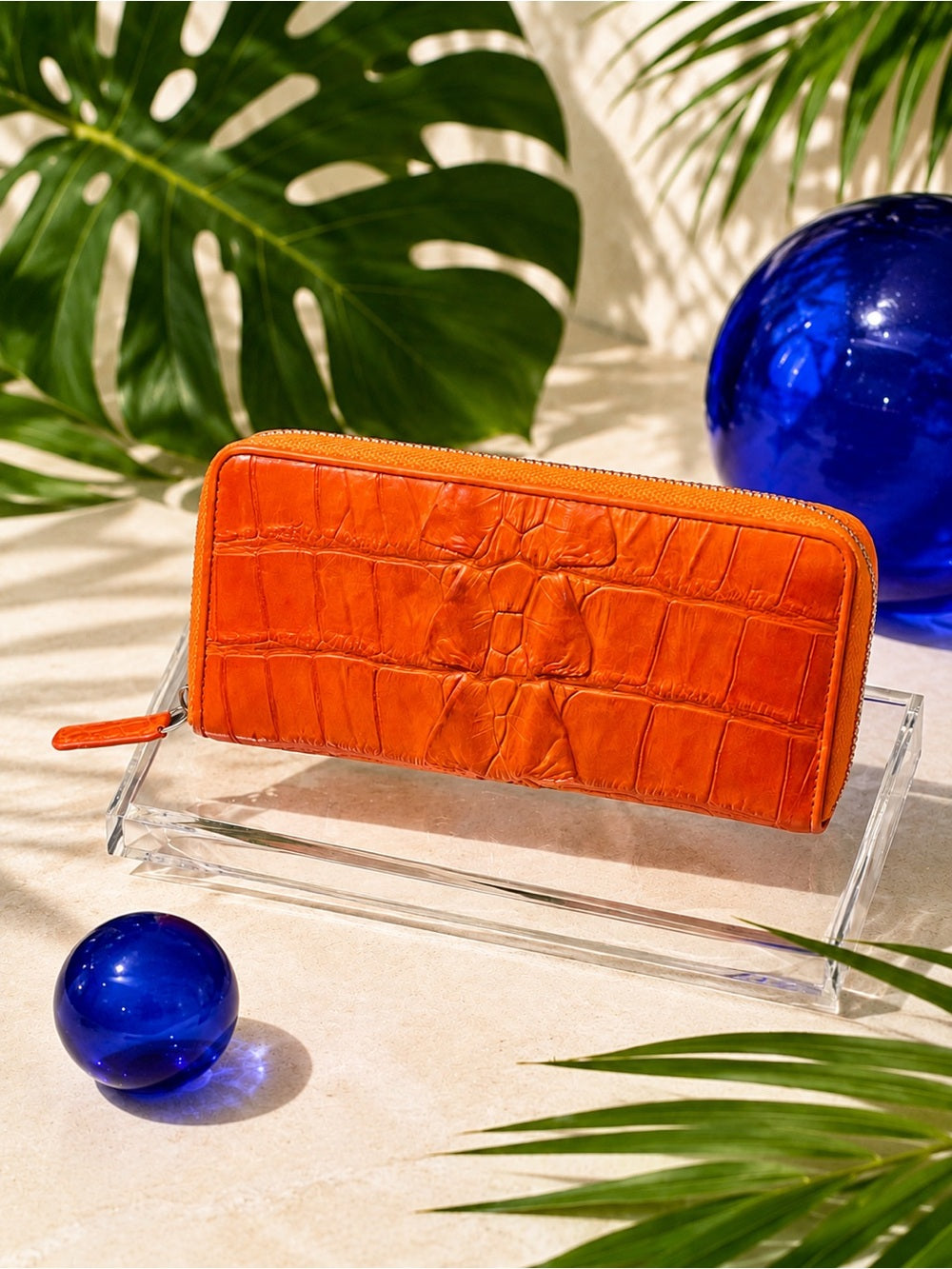 Genuine Crocodile Leather Zip Around Wallet – Vibrant Orange Exotic Long Wallet — designer exotic leather handbag silhouette