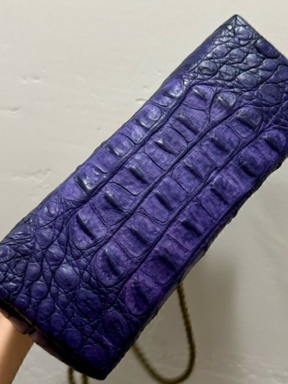 Genuine Crocodile Skin Frame Clasp Bag – Purple Exotic Leather Crossbody w Chain — top handle and shoulder strap attachment