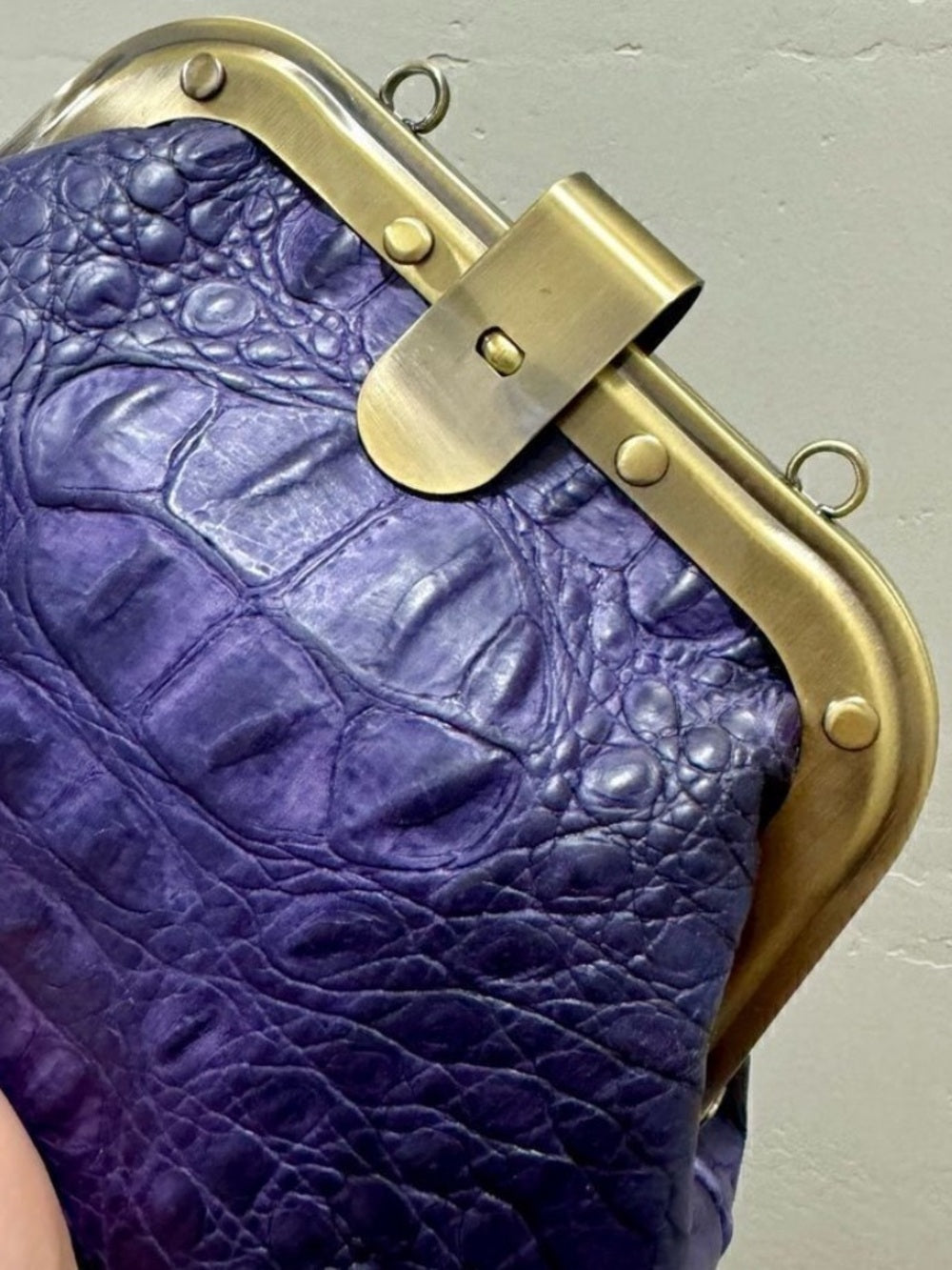 Genuine Crocodile Skin Frame Clasp Bag – Purple Exotic Leather Crossbody w Chain — signature designer hardware and metalwork