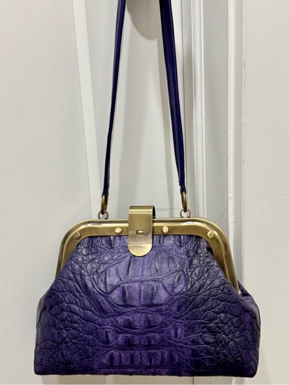 Genuine Crocodile Skin Frame Clasp Bag – Purple Exotic Leather Crossbody w Chain — handbag interior lining and storage
