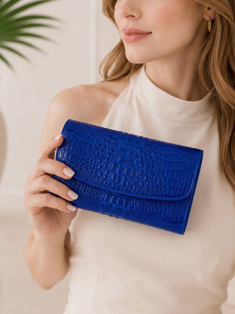 Genuine Crocodile Skin Clutch – Vibrant Blue Exotic Leather Foldover Clutch — designer exotic leather handbag silhouette