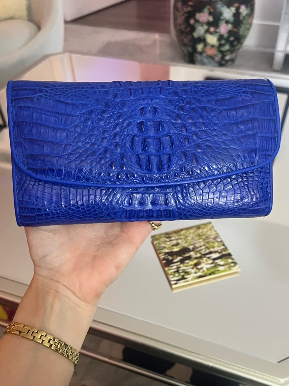 Genuine Crocodile Skin Clutch – Vibrant Blue Exotic Leather Foldover Clutch — designer logo branding and craftsmanship