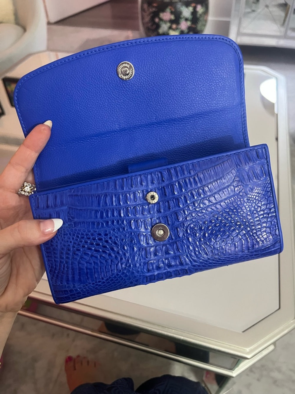 Genuine Crocodile Skin Clutch – Vibrant Blue Exotic Leather Foldover Clutch — luxury handbag proportions and shape