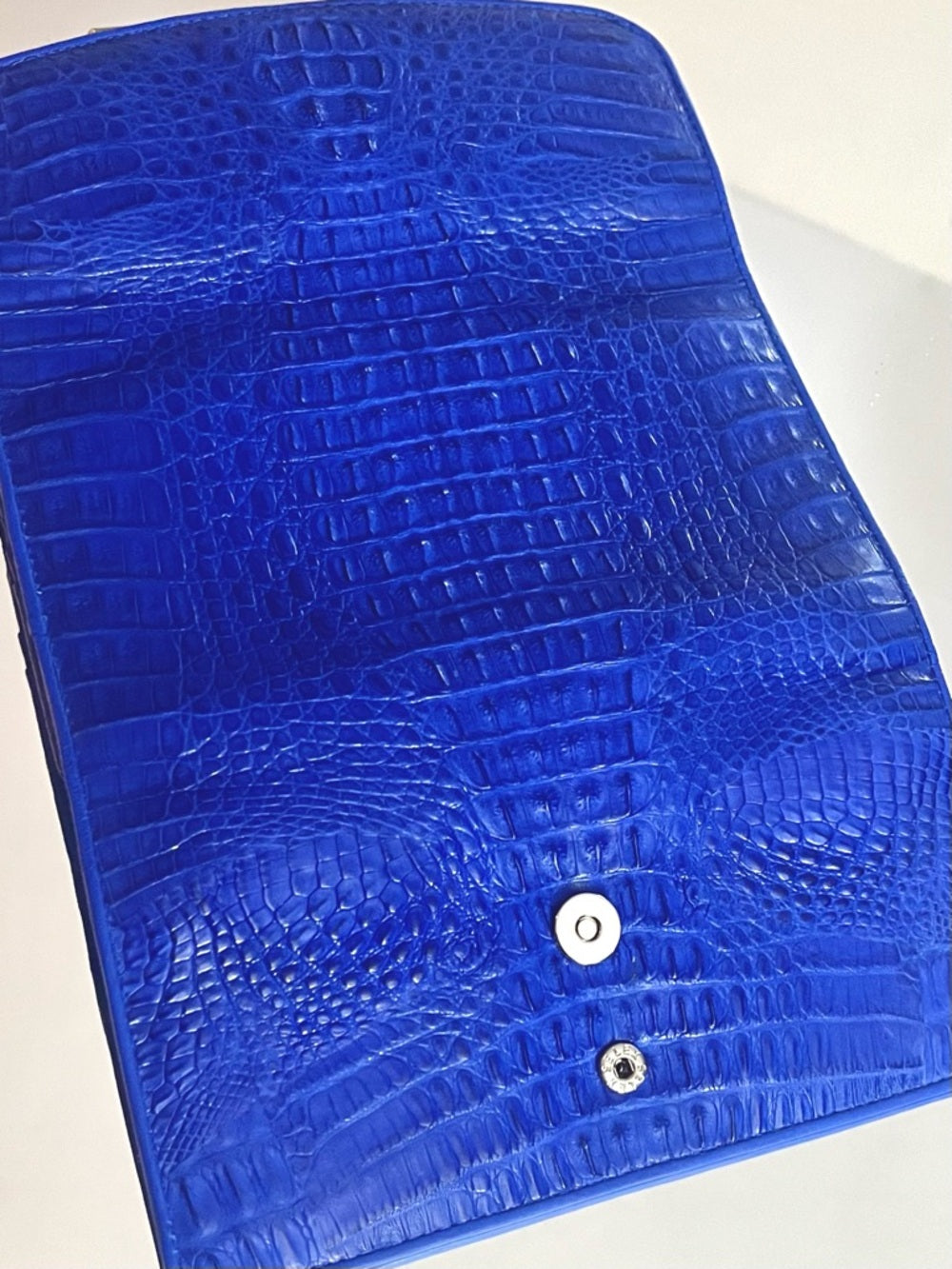 Genuine Crocodile Skin Clutch – Vibrant Blue Exotic Leather Foldover Clutch — top handle and shoulder strap attachment