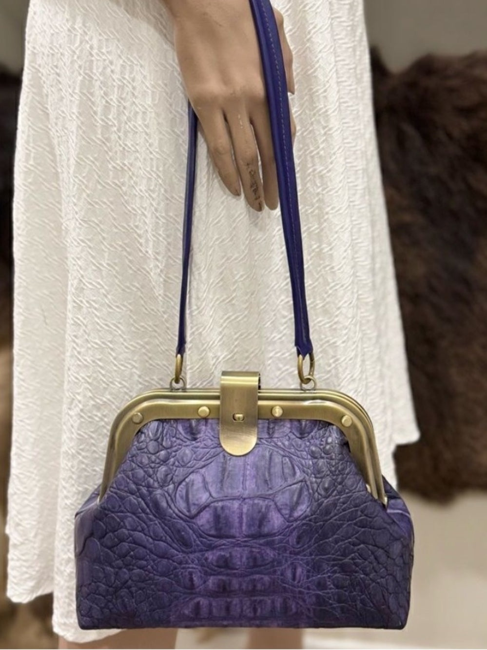 Genuine Crocodile Skin Frame Clasp Bag – Purple Exotic Leather Crossbody w Chain — luxury handbag proportions and shape
