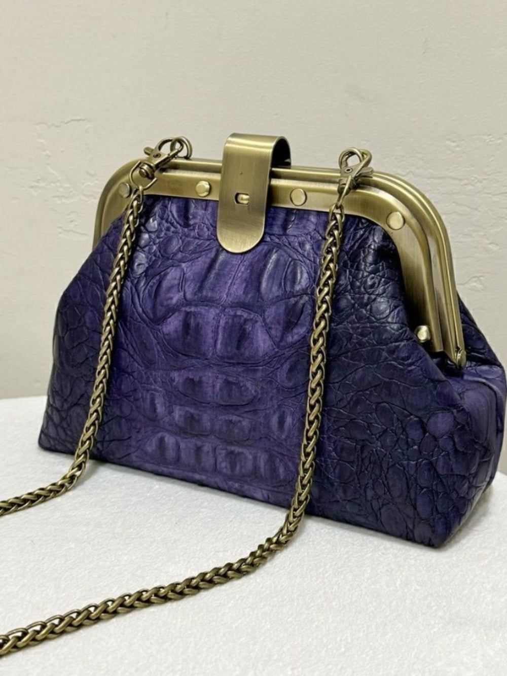 Genuine Crocodile Skin Frame Clasp Bag – Purple Exotic Leather Crossbody w Chain — natural leather grain and texture closeup